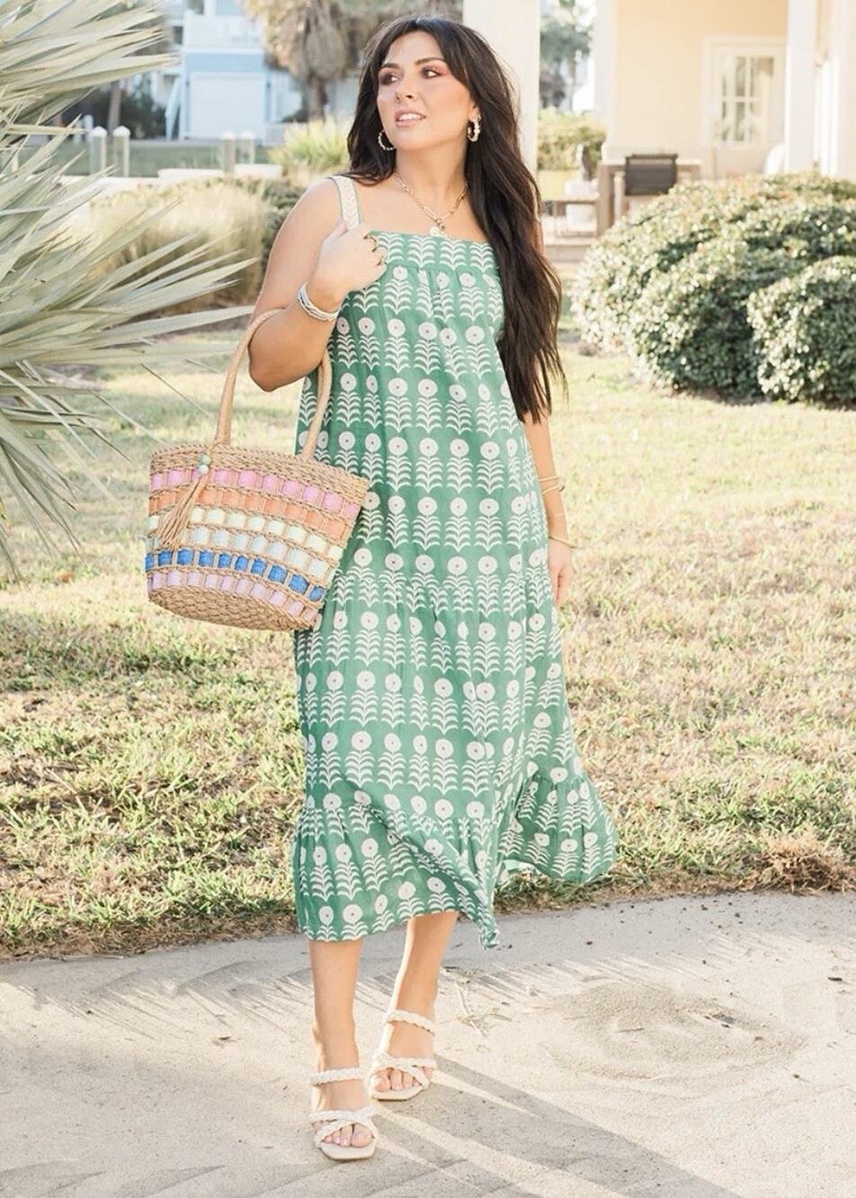Demi Layerz Green Floral Boho Garden Dress Plus XXL Cotton Summer Cottage